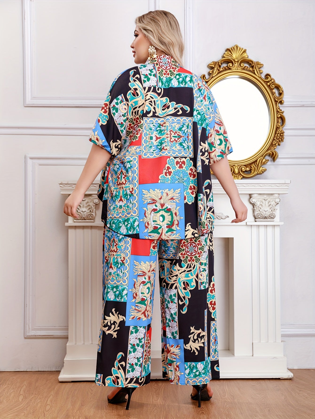 Women's Plus Scarf Print Half Sleeve Shirt & Loose Pants Set
