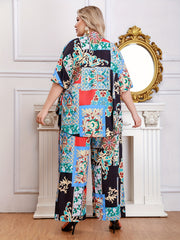 Women's Plus Scarf Print Half Sleeve Shirt & Loose Pants Set