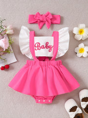 Baby Sweet Contrast Letter Print Flying Sleeve Romper Ruffled Dress