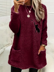 Cat Print Fuzzy Sweatshirt Crew Neck Long Sleeve With Pockets