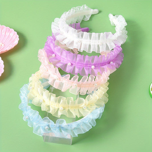 5pcs Sweet Headband Ruffled Hair Band Faux Pearl Decor Head Hoop