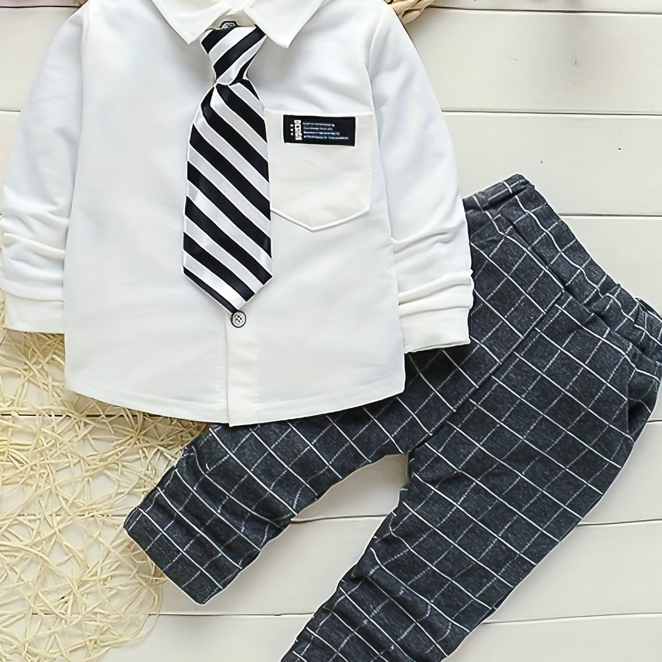 Boys Gentleman Shirt Suit Button Lapel Long Sleeve Shirt Tie Plaid Pants Set