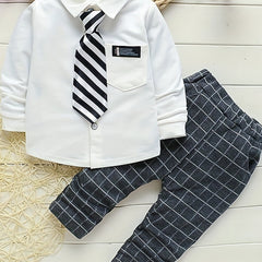 Boys Gentleman Shirt Suit Button Lapel Long Sleeve Shirt Tie Plaid Pants Set