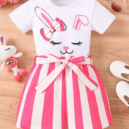 Girls Rabbit Graphic T Shirt & Striped Shorts Set for Summer