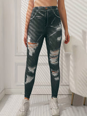 Denim Print Ripped Pants High Waist Slim Pants