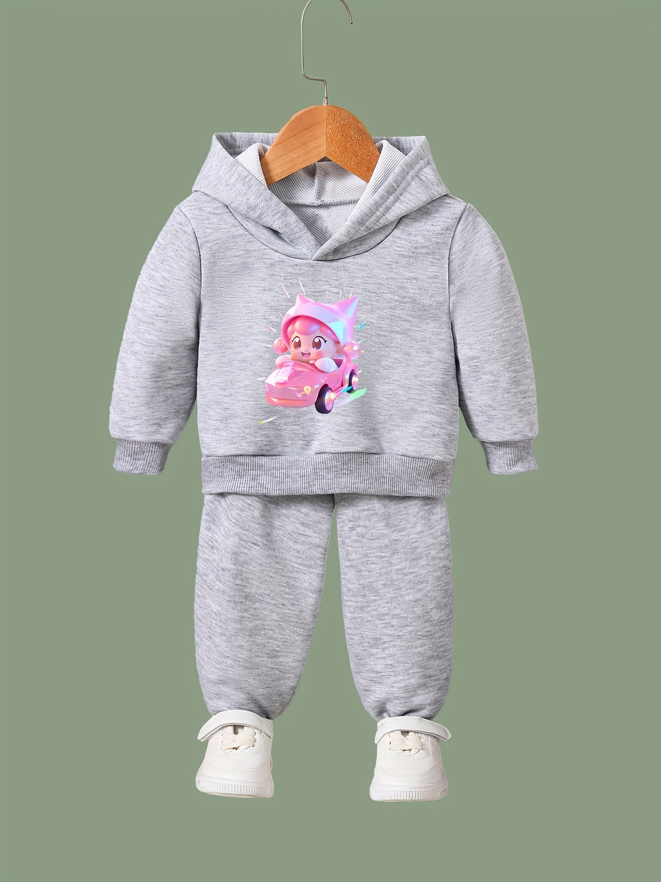 Cartoon Girl Driving Car Print Hoodie & Sweatpants Set