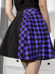 Chessboard Print Splicing Skirt Gothic Ruched Punk Mini Skirt