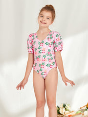 Girls Short Puff Sleeve Flowers Swimsuit Kids Beach Clothes Bathing Suits