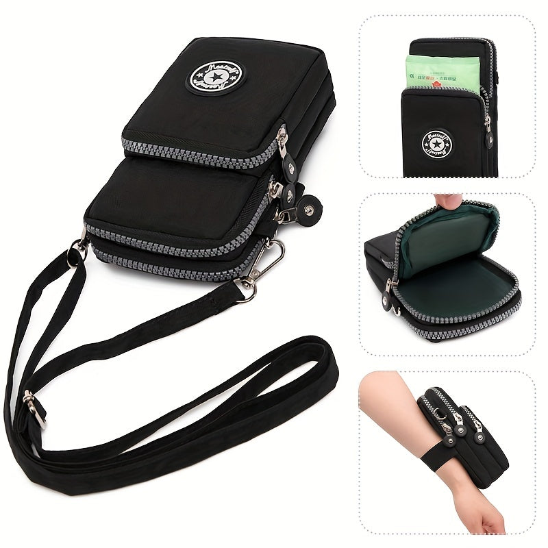 Women's Small Phone Bag with Letter Patch Zipper Cross Body Nylon Shoulder Bag