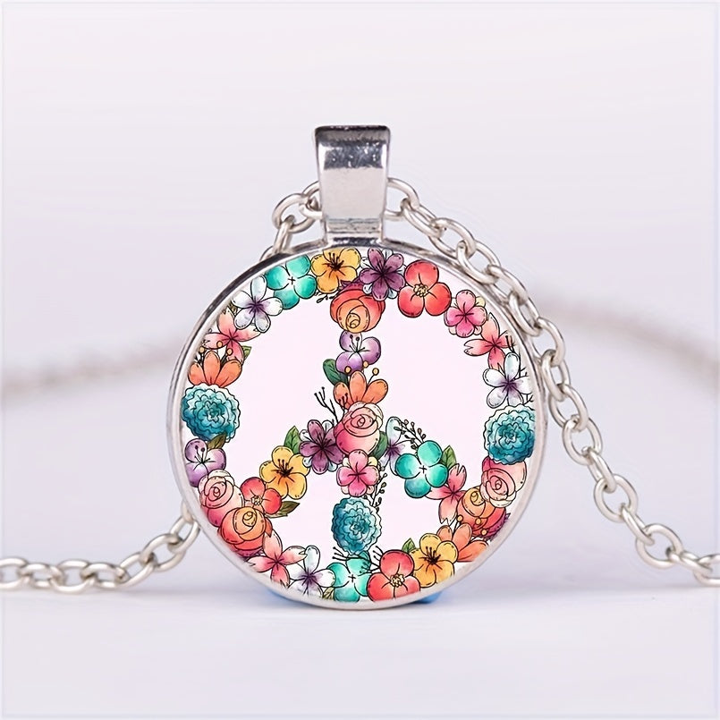 Sweet Flower Peace Sign Round Pendant Necklace for Girls
