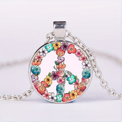 Sweet Flower Peace Sign Round Pendant Necklace for Girls