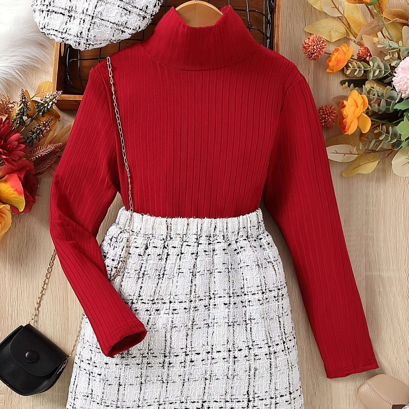 Girl's Ribbed Turtleneck Top & Tweed Skirt Set