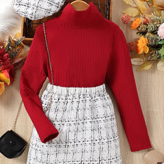 Girl's Ribbed Turtleneck Top & Tweed Skirt Set