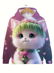 3D Kitty Flower Garden Hooded Sweatshirt For Girls