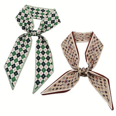 2pcs Green & Coffee Skinny Scarf Plaid Print Ribbon Neckerchief Bowknot Twilly