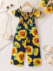 Girls Sunflower Off Shoulder Jumpsuit One Piece Romper