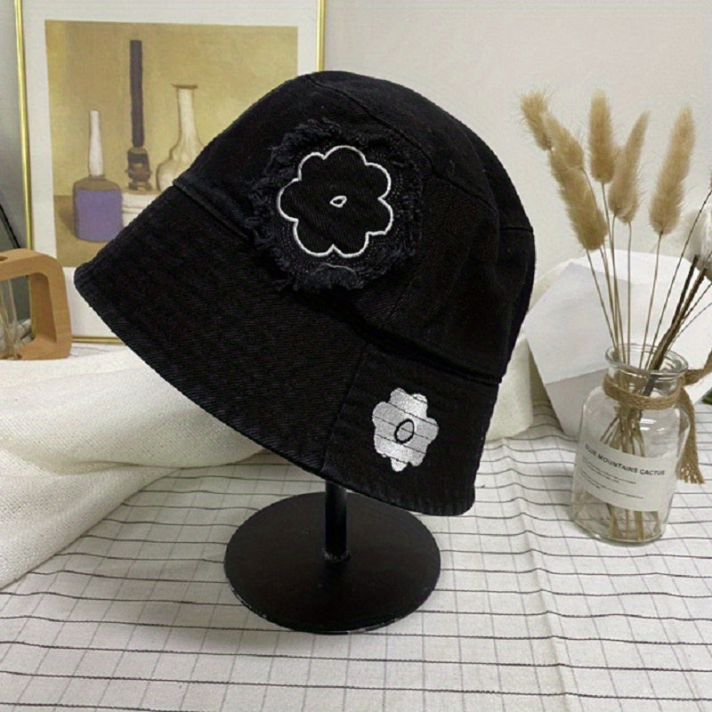 Flower Print Patch Bucket Hat Outdoor Sunscreen Fisherman Cap For Women
