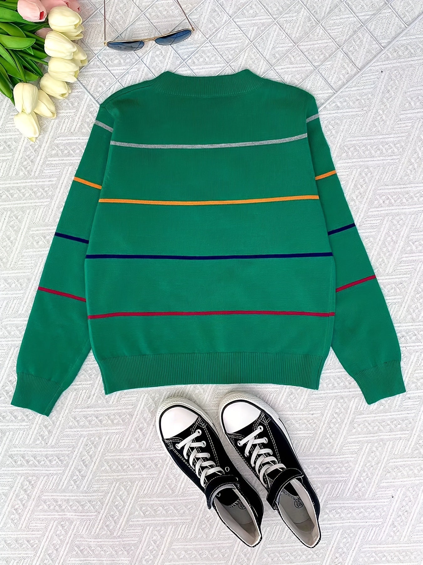 Boys Striped Block Sweater Round Neck Long Sleeve Pullover