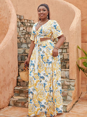 Floral Print Short Sleeve Crop Top & Maxi Skirt Set Plus Size