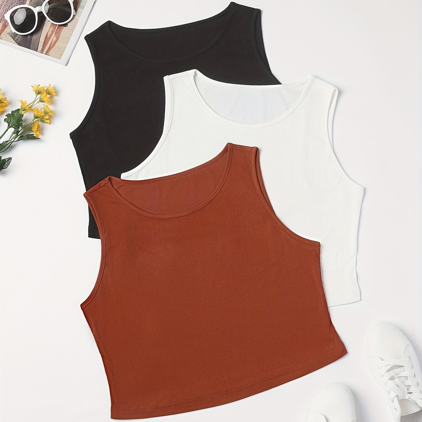 3 Pack Plus Size Basic Tank Top Women's Plus Ribbed Plain Round Neck