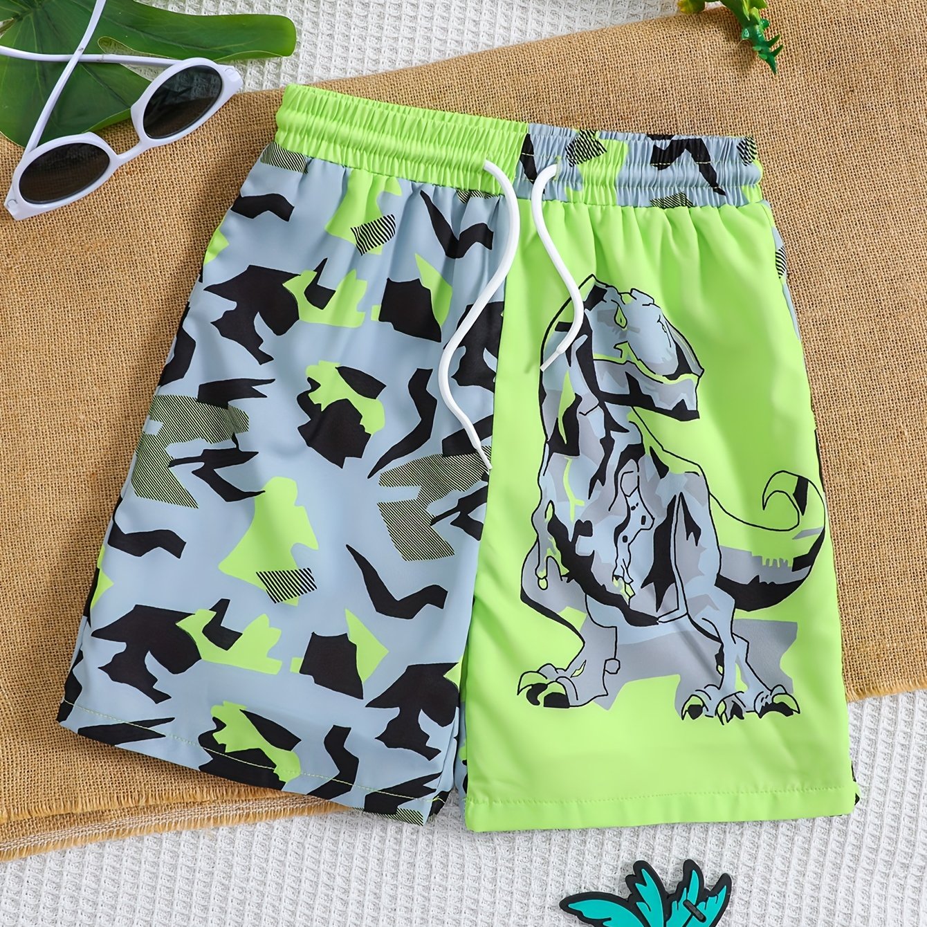 Boys Geometric Dinosaur Swim Trunks Elastic Waist Beach Shorts