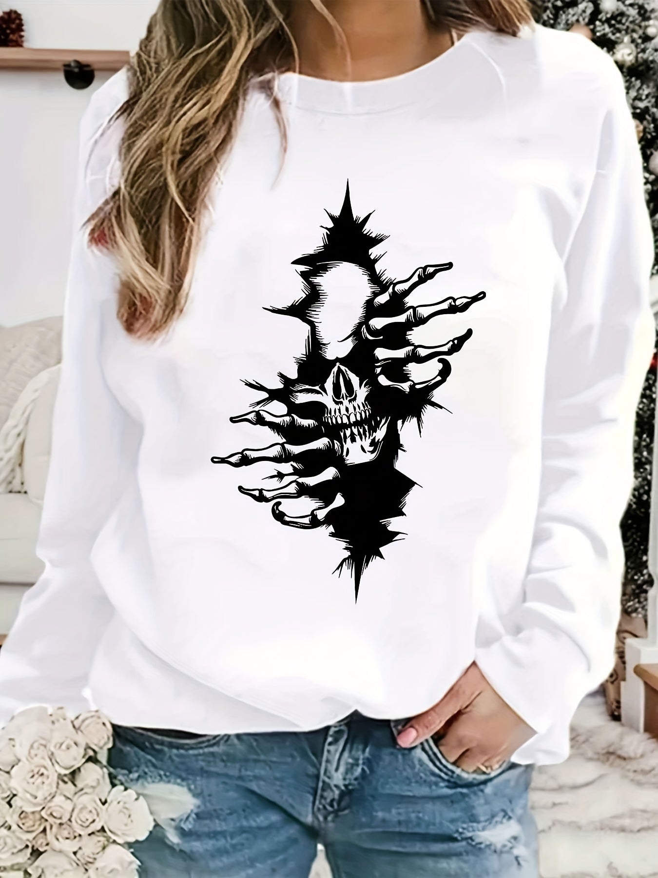 Halloween Skull Print Sweatshirt Long Sleeve Crew Neck Women's Clothing