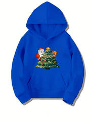 Girls Santa Print Hooded Sweatshirt Casual Pullover for Party Holiday