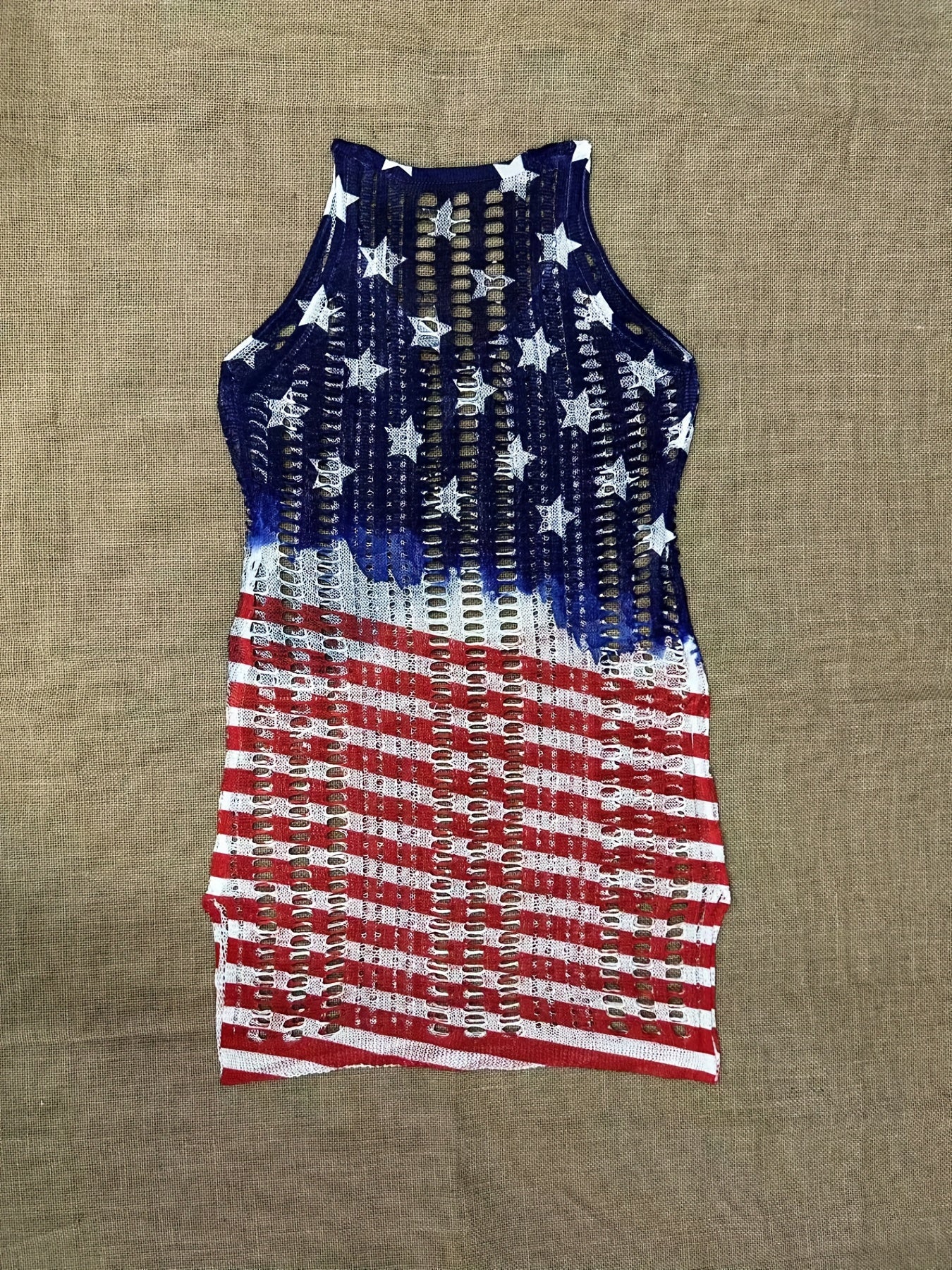 Star Flag Print Hollow Out Dress V Neck See Through Crochet Cover Up Dress
