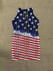 Star Flag Print Hollow Out Dress V Neck See Through Crochet Cover Up Dress
