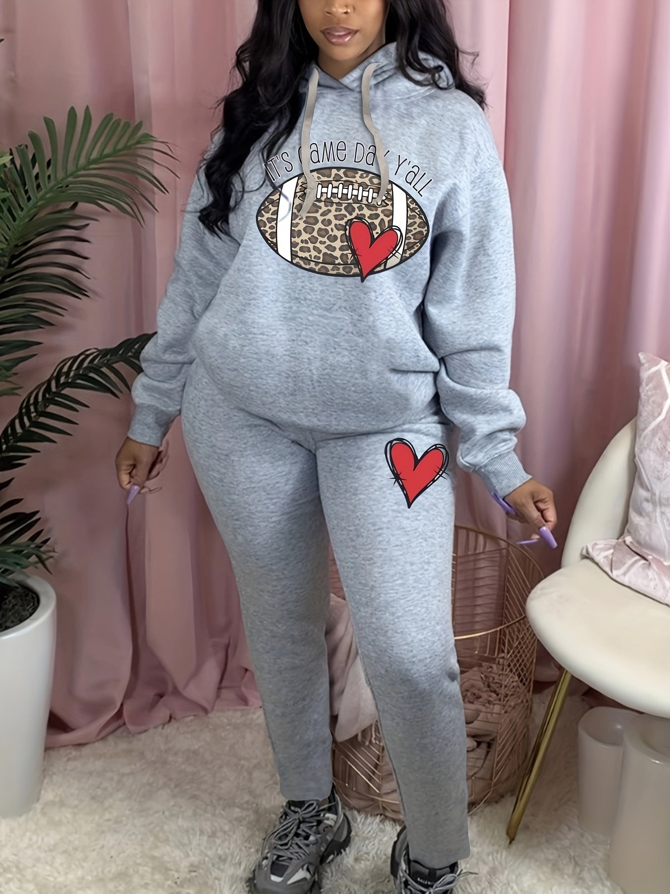 Women's Plus Leopard Rugby & Heart Print Hoodie & Sweatpants Set