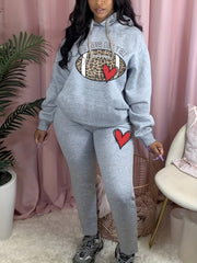 Women's Plus Leopard Rugby & Heart Print Hoodie & Sweatpants Set