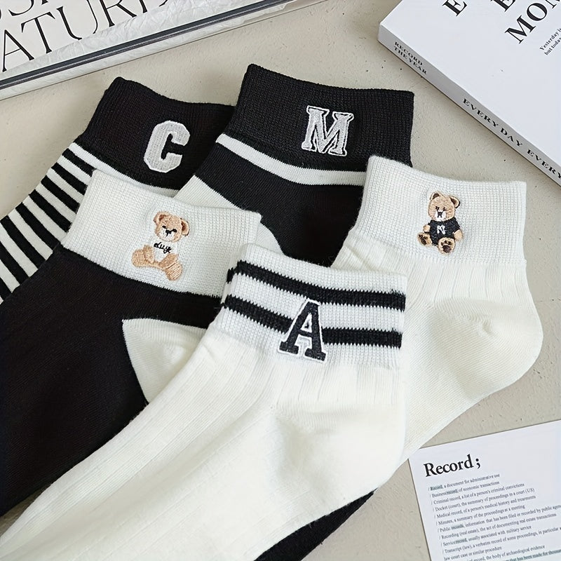 5 Pairs Teddy Bear & Striped Short Socks Women's Stockings