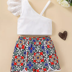 Toddler Baby Girls Lace Crop Top & Geo Graphic Shorts Set