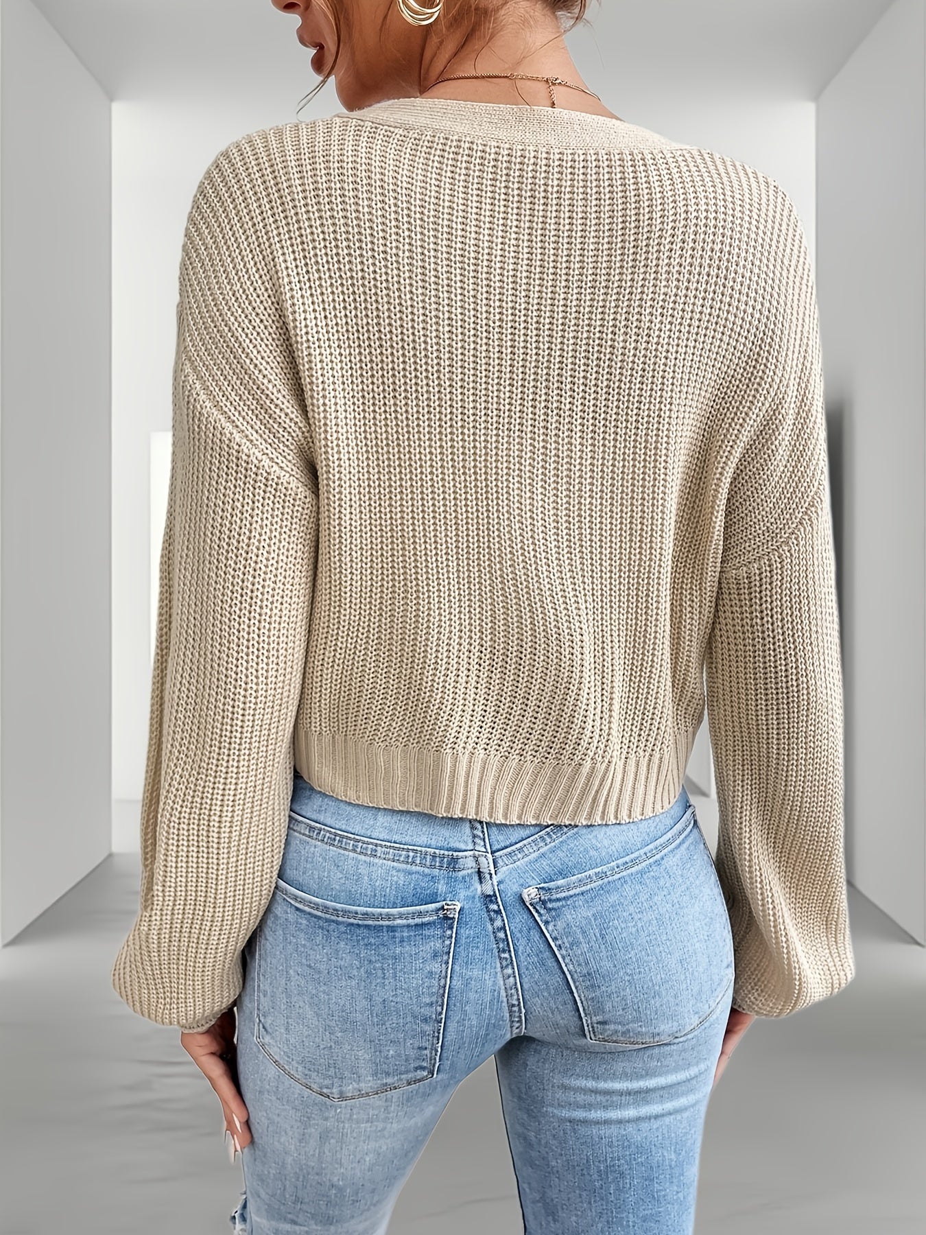 Solid Button Up Crop Cardigan Casual Long Sleeve Sweater