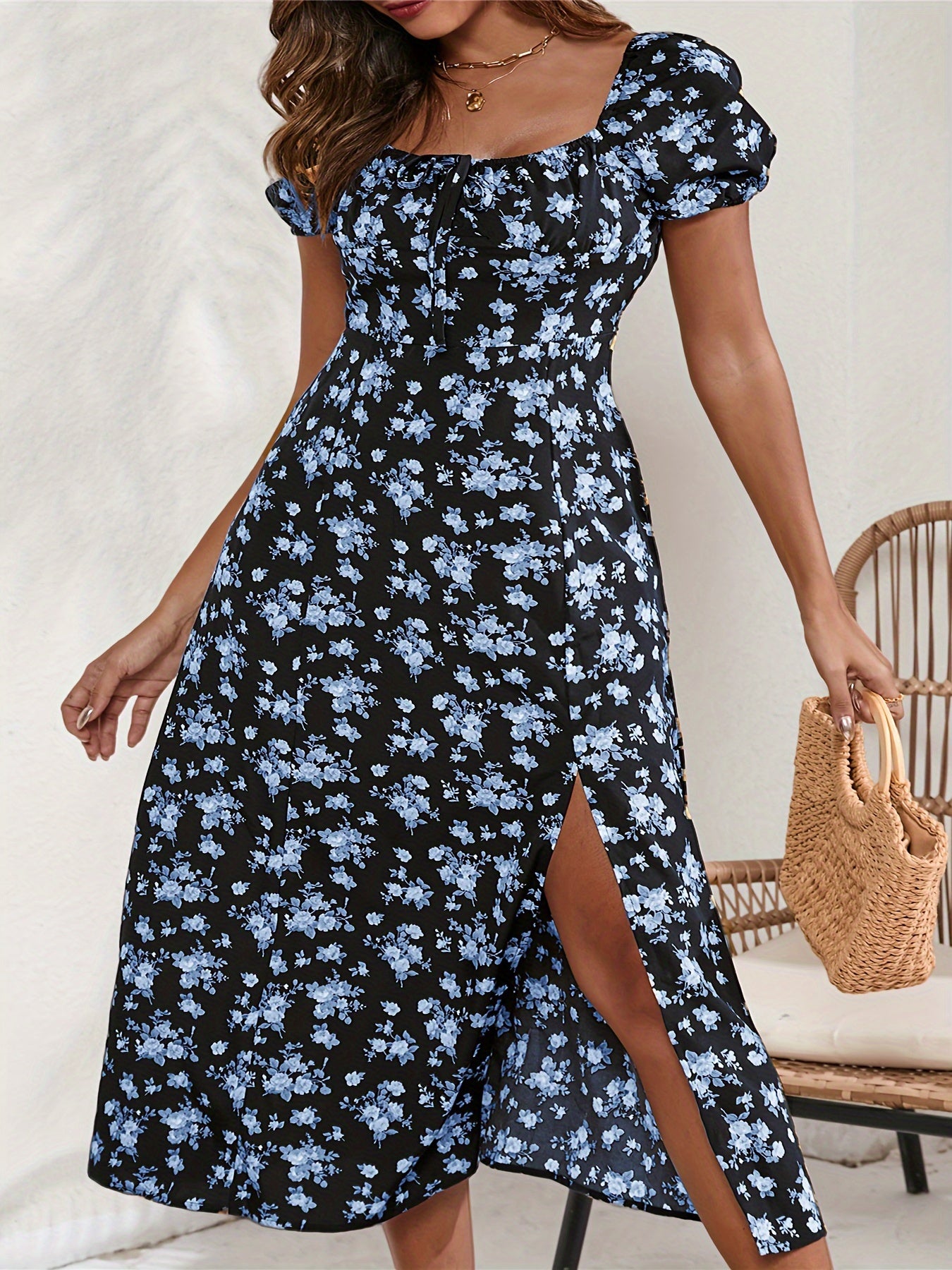 Sexy Dress Women's Plus Allover Floral Print Puff Sleeve Summer Dress