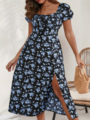 Sexy Dress Women's Plus Allover Floral Print Puff Sleeve Summer Dress