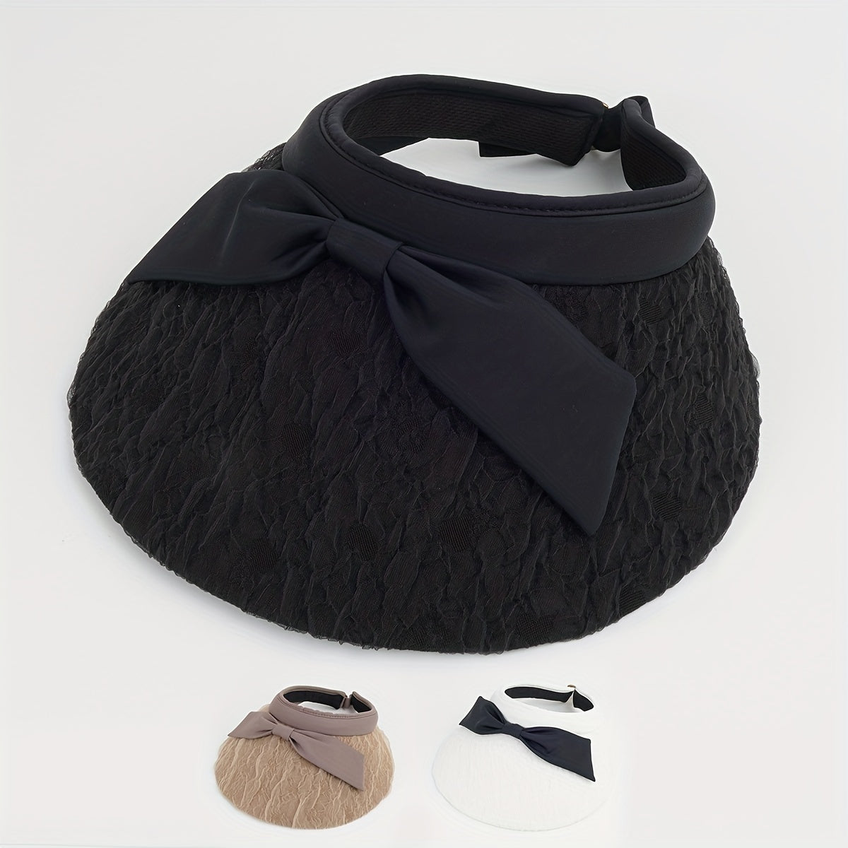 Bow Decor Embossed Visor Hat Wide Brim Lace Sun Hats Casual UV Protection