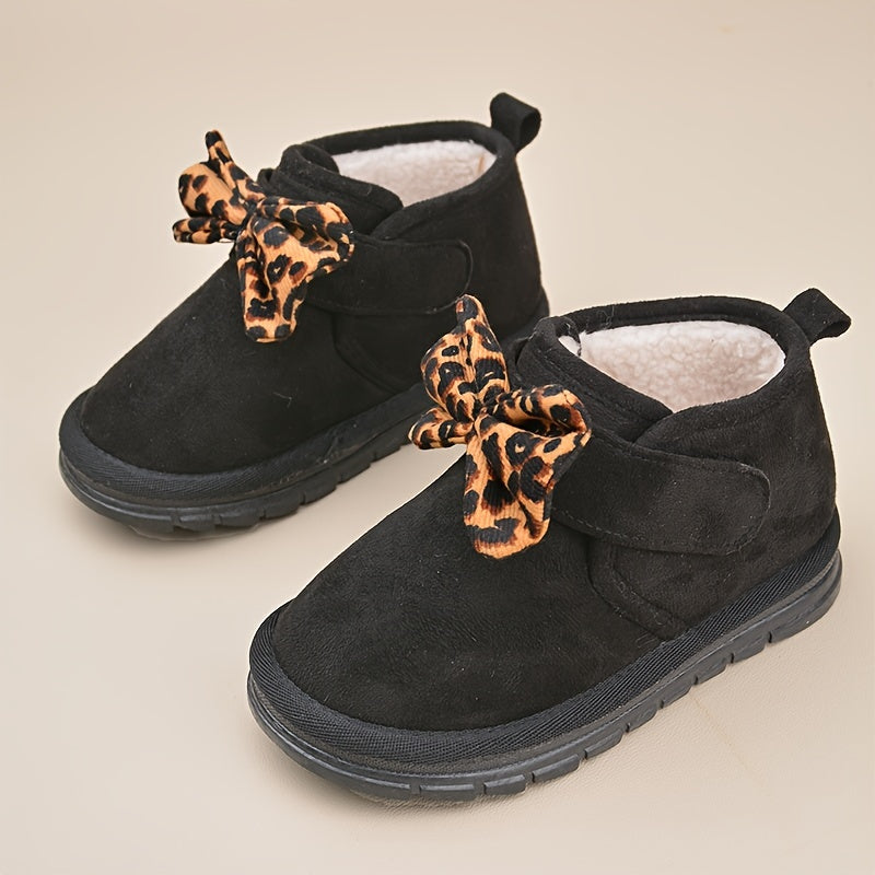 EDUBA Leopard Bow Snow Boots For Girls Warm Plus Fleece Boots For Winter