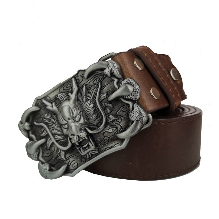 Silver Men's Dragon Belt Buckle with Leather Belt