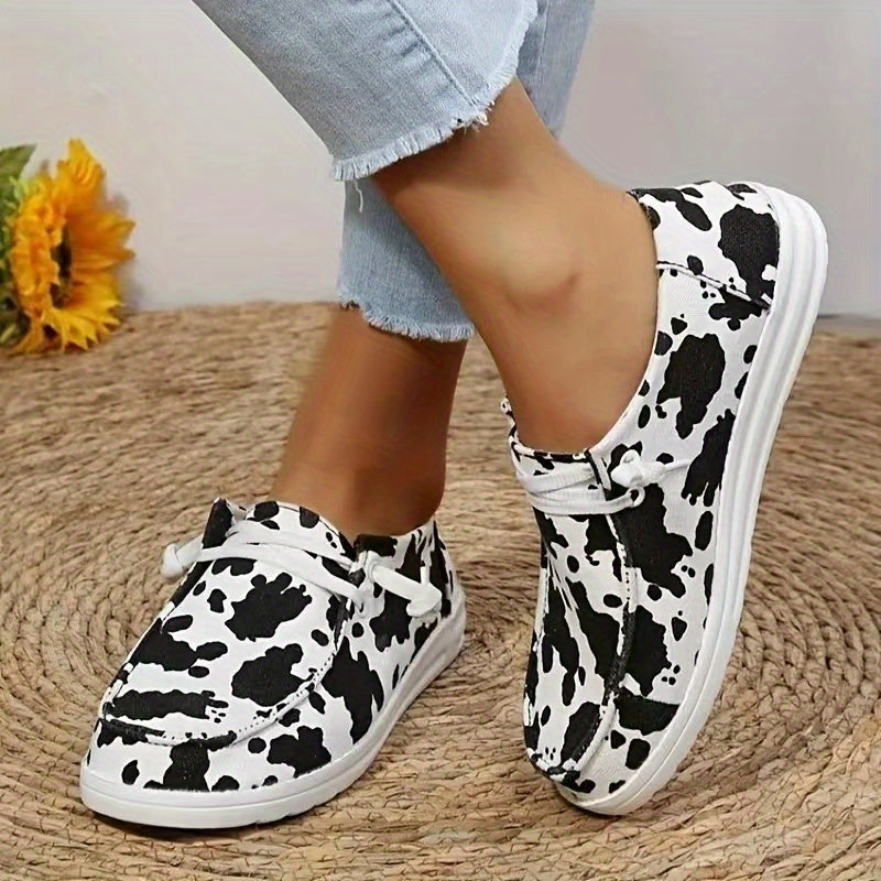 Women's Cow Printed Flat Loafers Lace Up Canvas Shoes