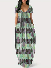 Colorblock Geometric Print V Neck Maxi Dress