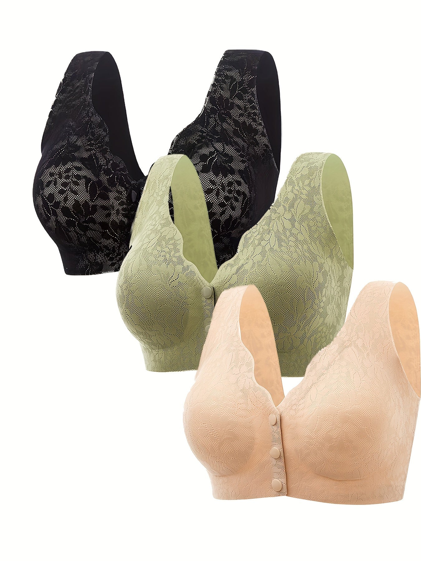 3pcs Lace Wireless Bras Front Buckle Women's Lingerie