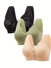 3pcs Lace Wireless Bras Front Buckle Women's Lingerie