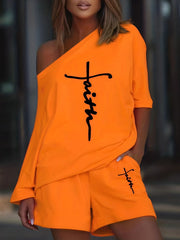 Faith Letter Print Two piece Set Tee & Shorts Women's Clothing