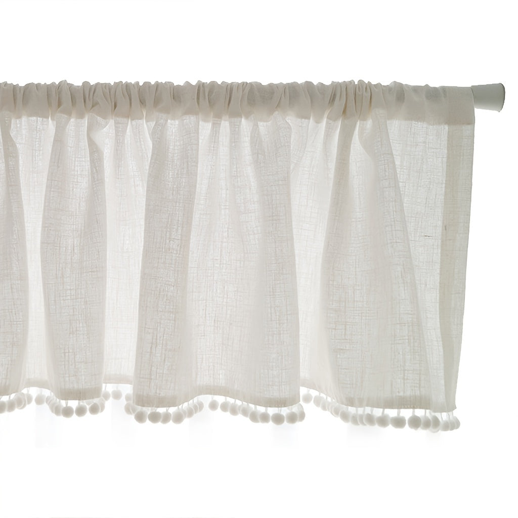 Boho Cotton Linen Curtain with Pom Poms Rod Pocket for Home Decor