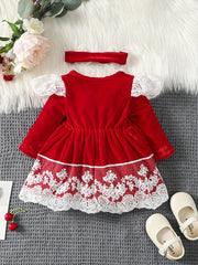 Bow Long Sleeve Tutu Dress With Lace Floral Trim & Headscarf