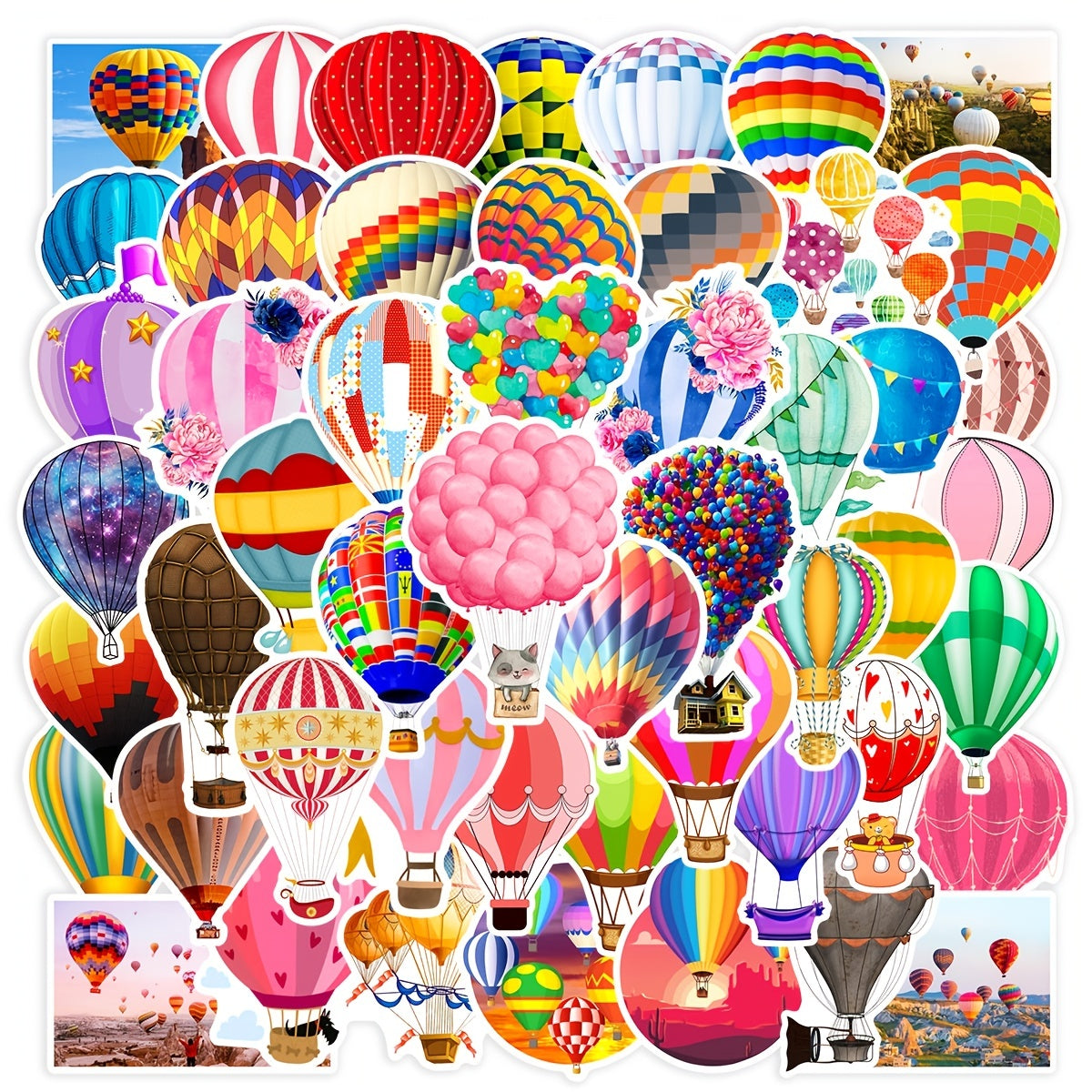 50 Colorful Hot Air Balloon Doodle Stickers for Laptops Water Bottles