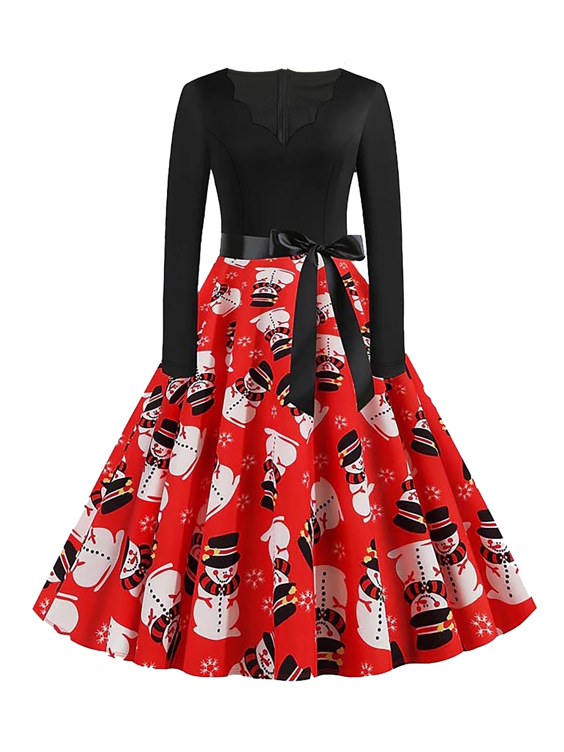 Colorblock Snowman Print Long Sleeve V Neck Dress