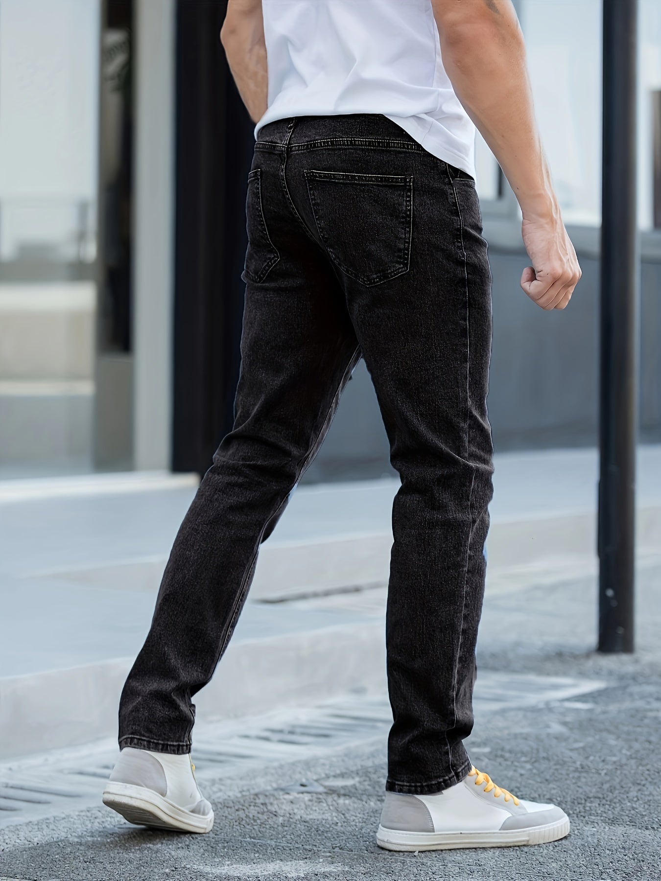 Men's Solid Mid Stretch Denim Pants For Spring Summer
