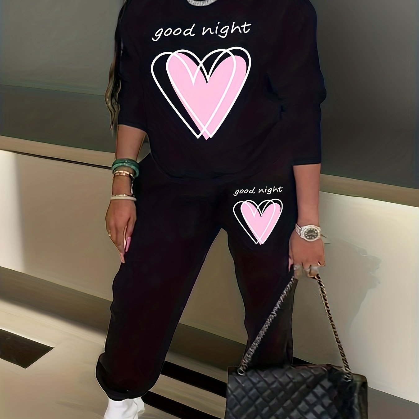 Slogan & Heart Print Sweatshirt & Joggers Set